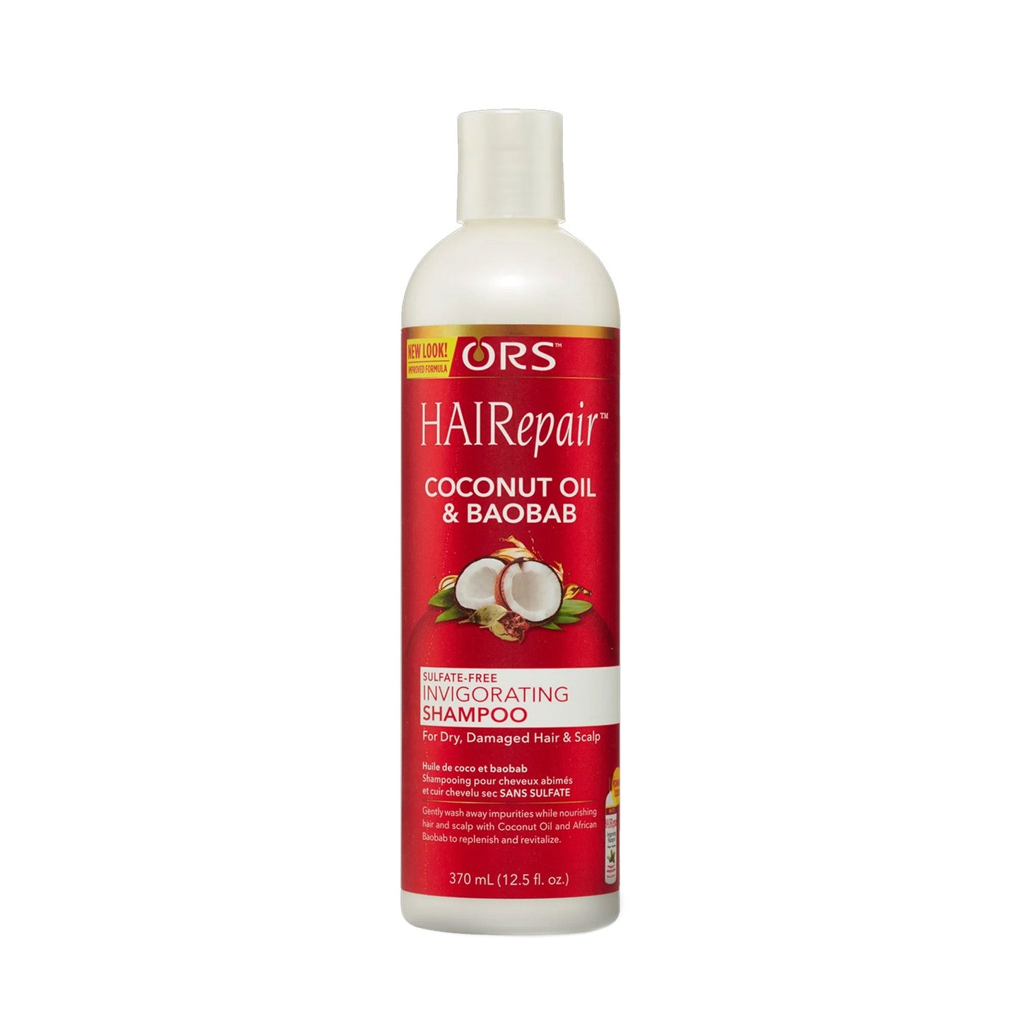 ORS HAIRepair Coconut Oil and Baobab Sulfate-Free Invigorating Shampoo 12.5 oz bottle on white background