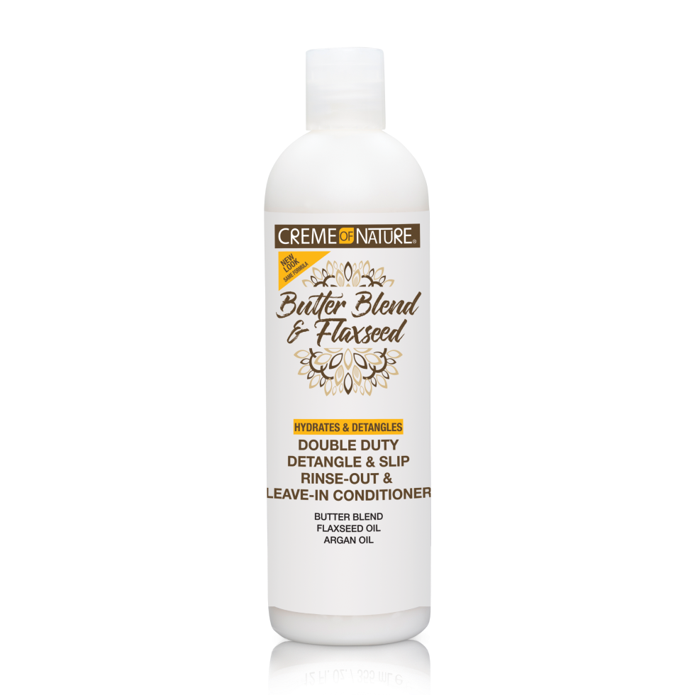 Crème of Nature Butter Blend and Flaxseed Double Duty Conditioner 12 oz bottle on white background