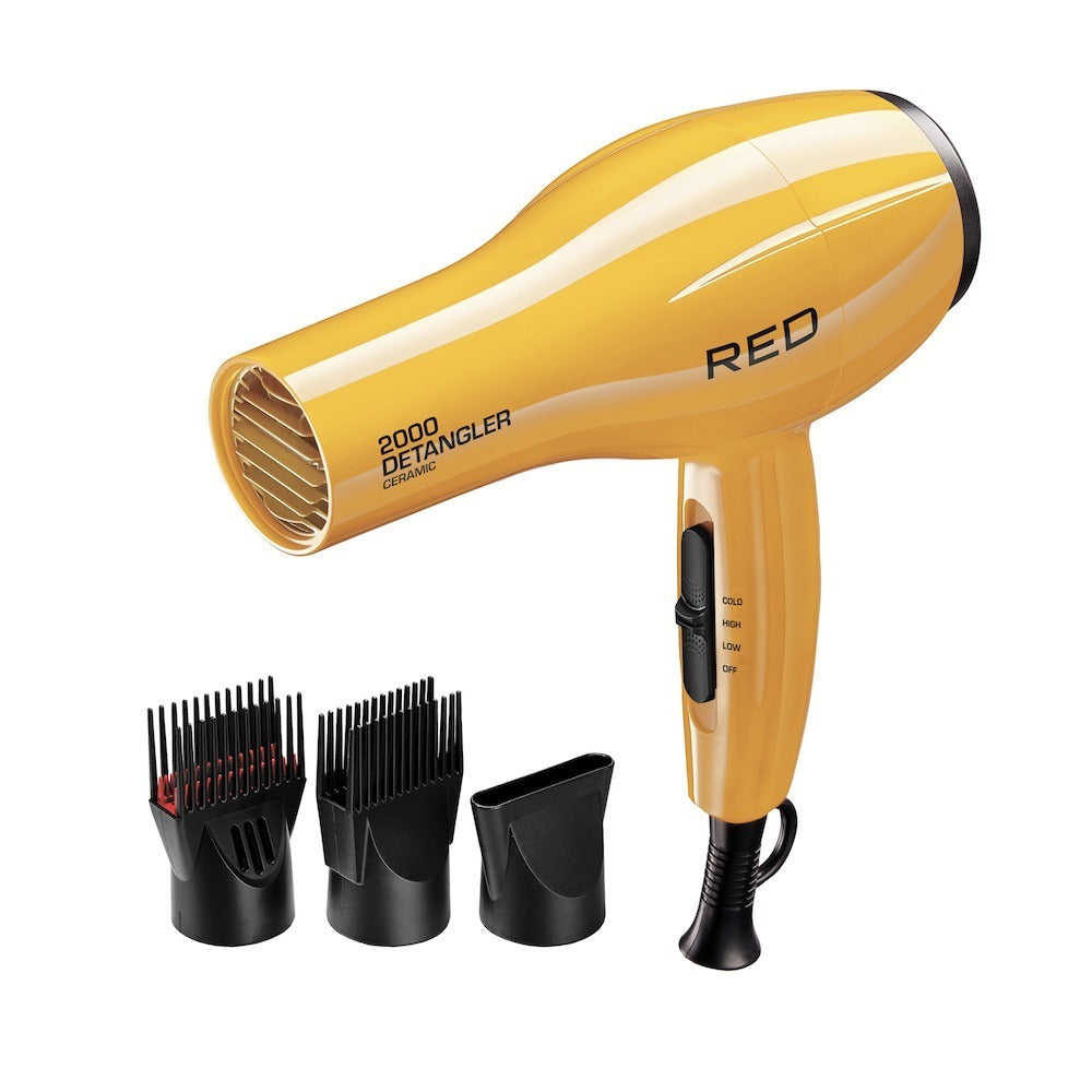 RED by KISS 2000 Ceramic Detangler Hair Dryer – Yellow – one unit with included attachments