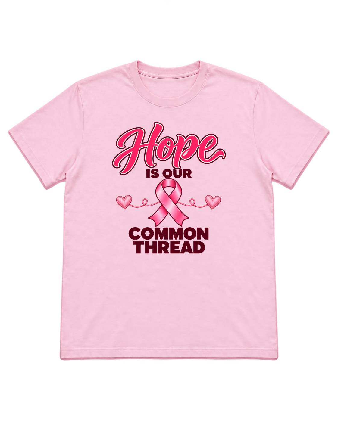 Digital mockup of Hope Is Our Common Thread pink-ribbon design on a light-pink T-shirt