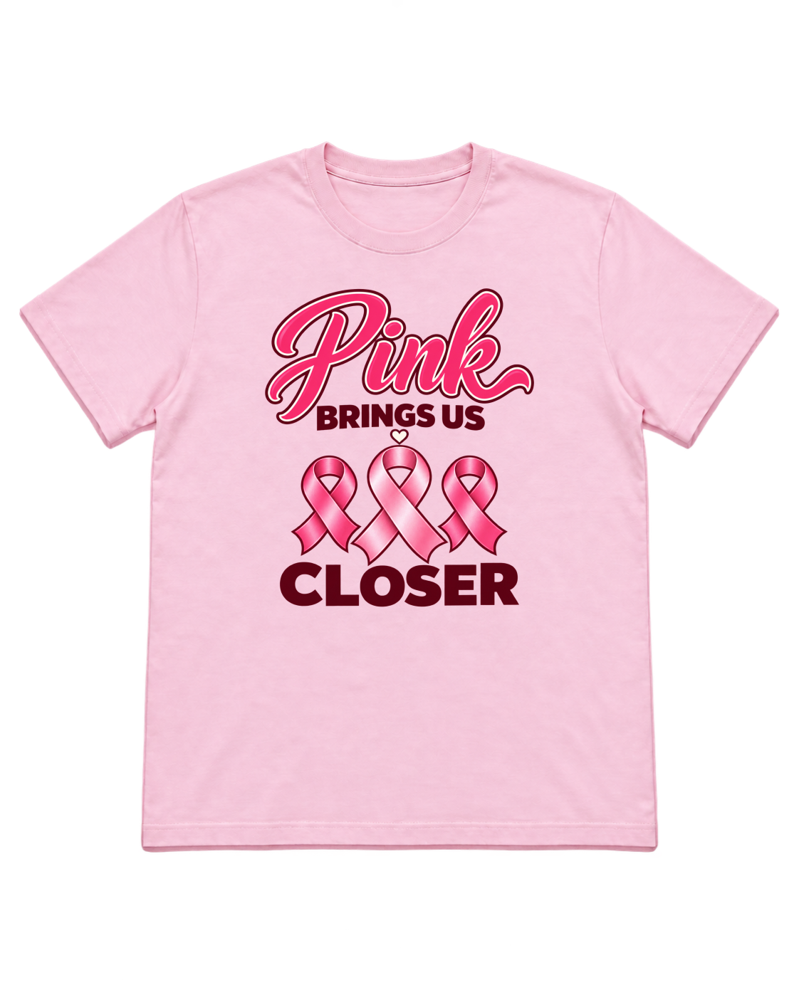Digital mockup of Pink Brings Us Closer pink-ribbon design on a light-pink T-shirt