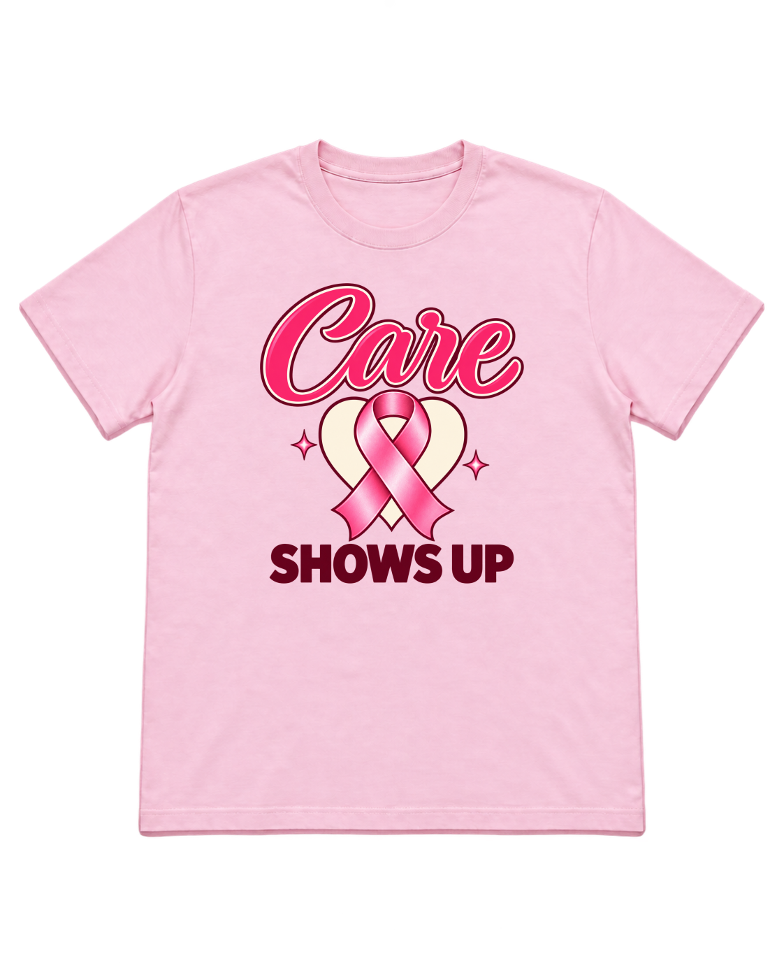 Digital mockup of Care Shows Up pink-ribbon design on a light-pink T-shirt