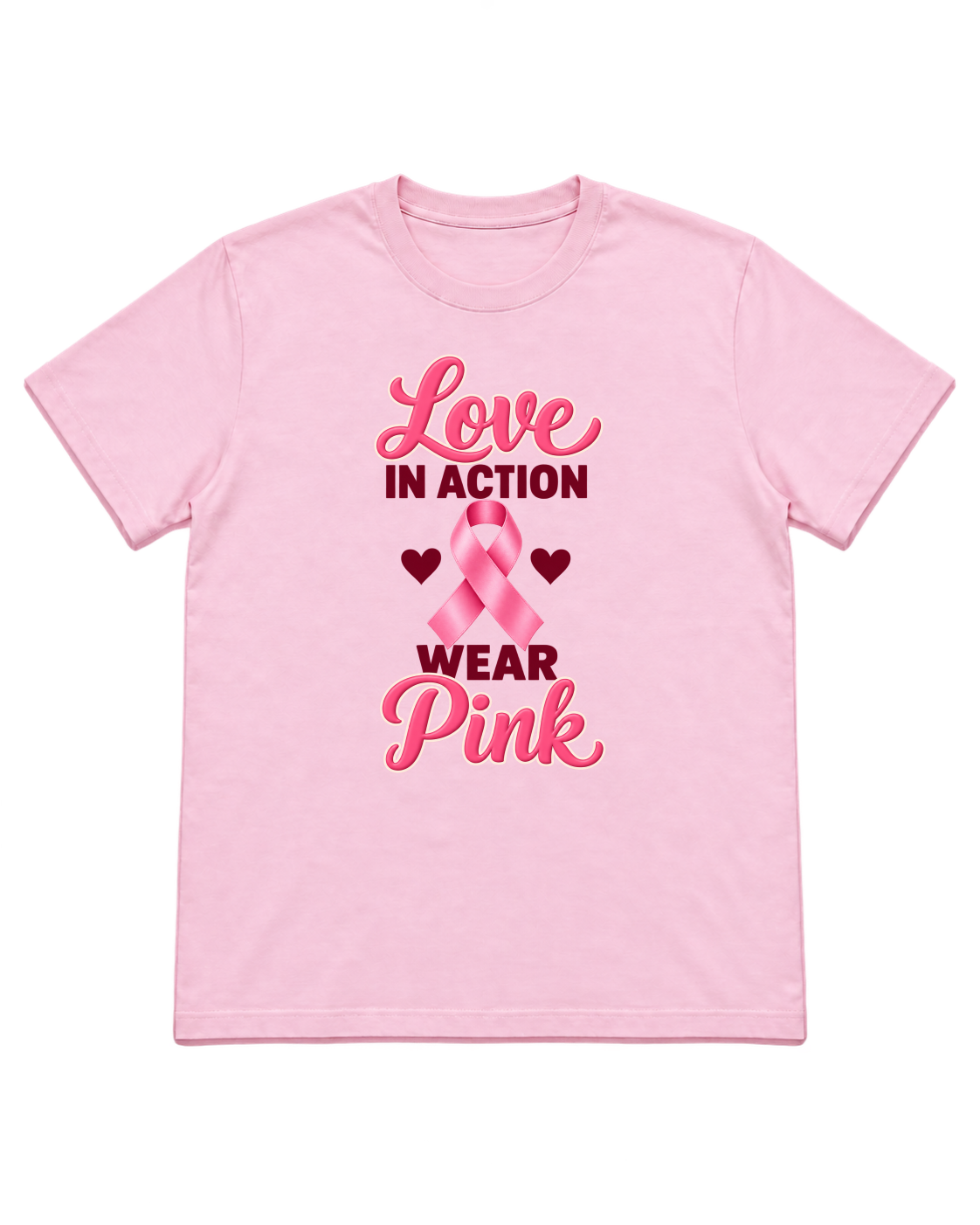 Digital mockup of Love In Action Wear Pink on a Light Pink finished graphic shirt