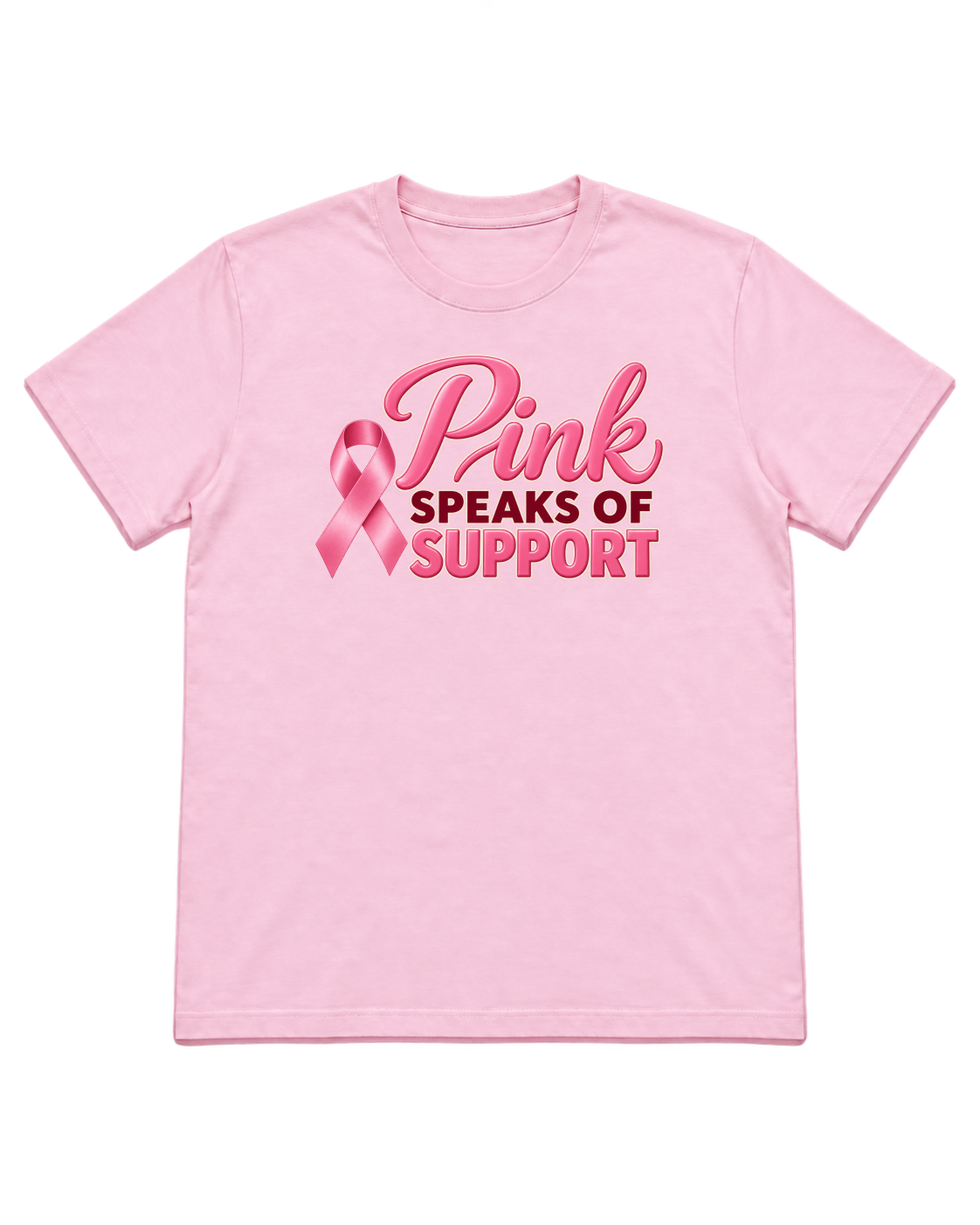 Digital mockup of Pink Speaks Of Support on a Light Pink finished graphic shirt