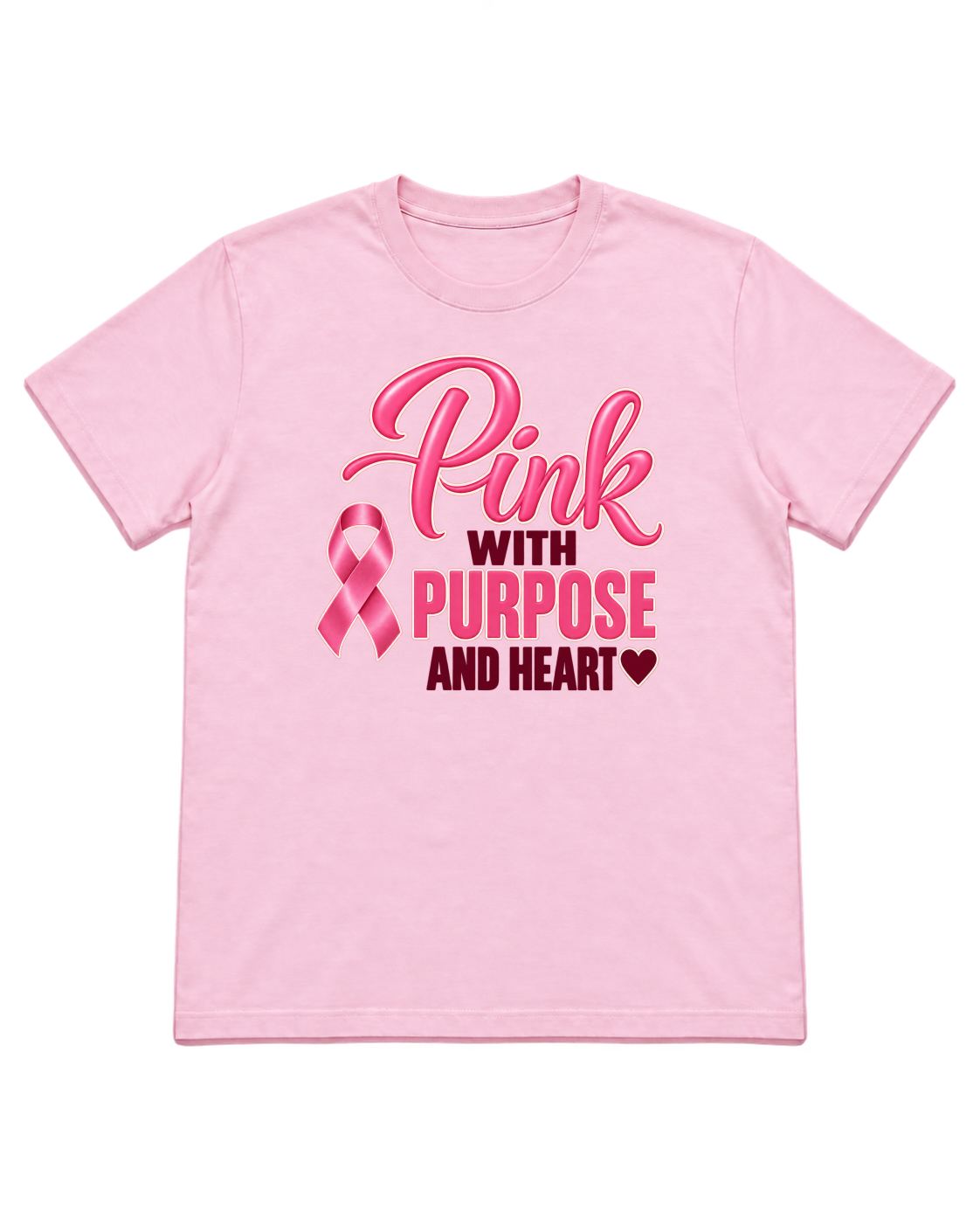Digital mockup of Pink With Purpose And Heart on a Light Pink finished graphic shirt