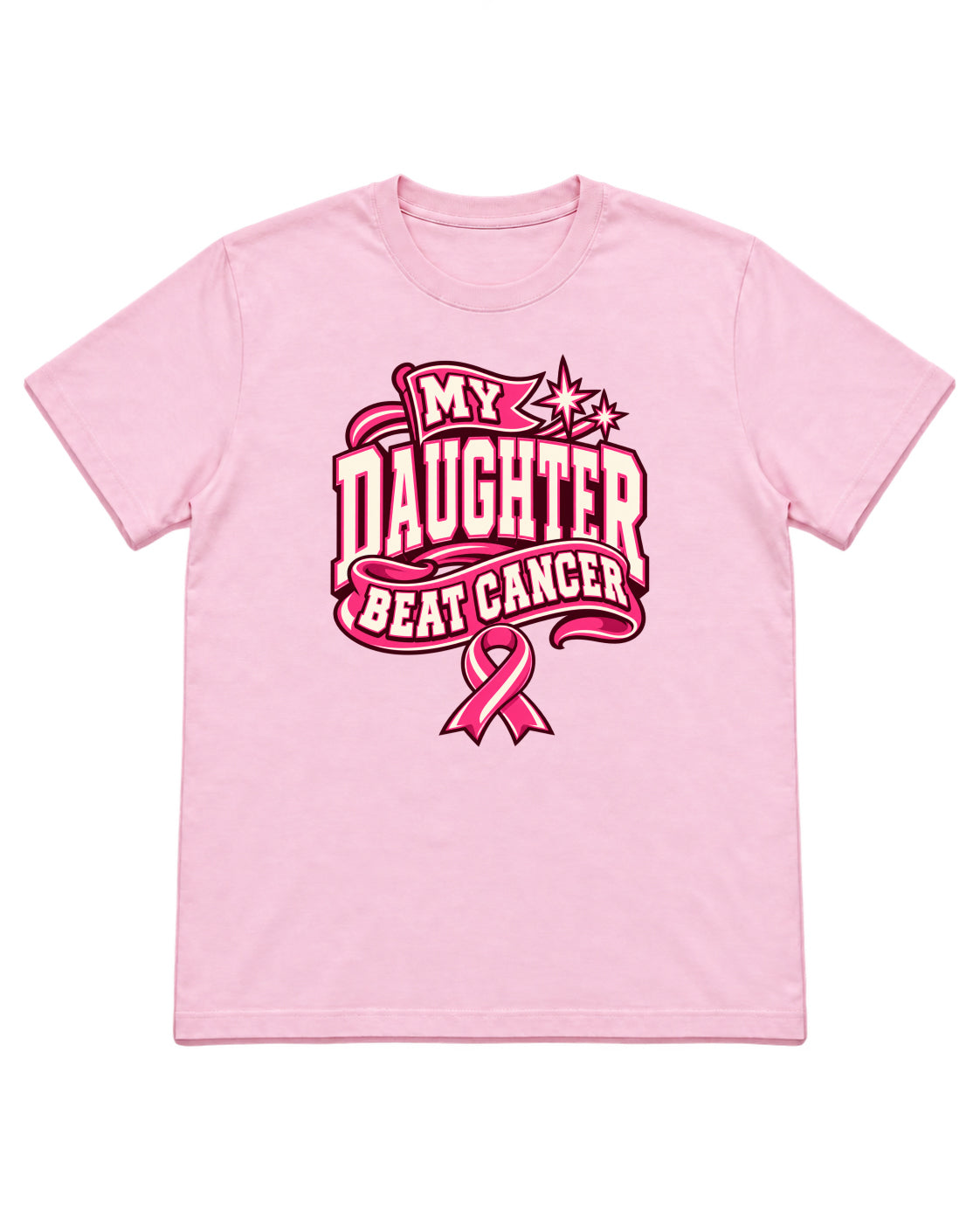 My Daughter Beat Cancer varsity ribbon design on a Light Pink T-shirt — front mockup