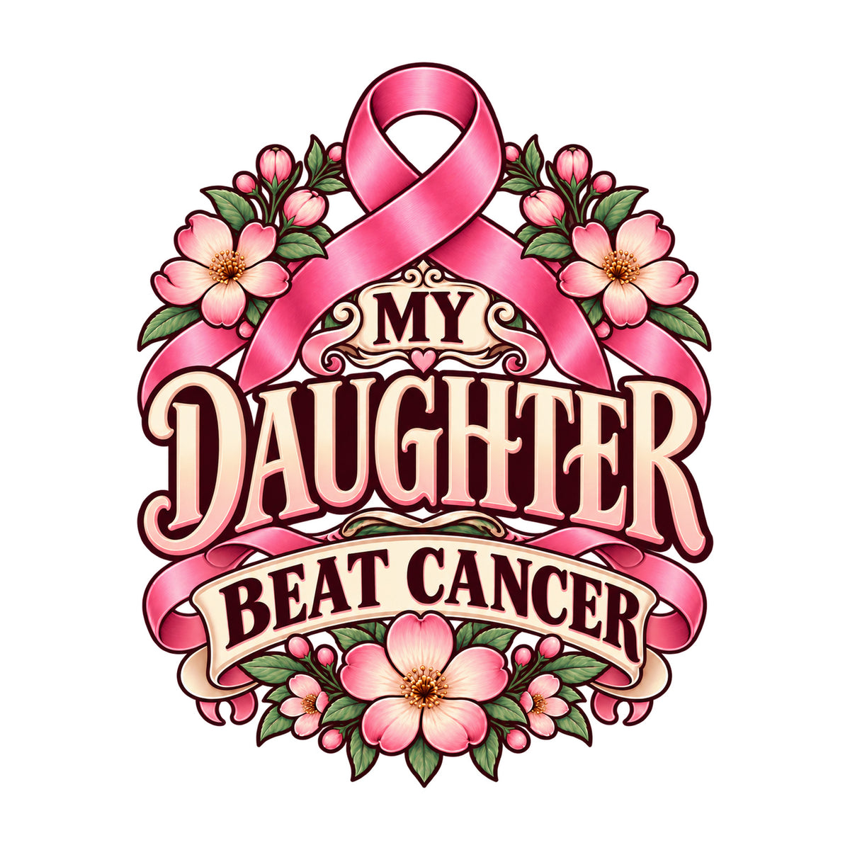 My Daughter Beat Cancer floral ribbon design — physical DTF transfer, shirt not included