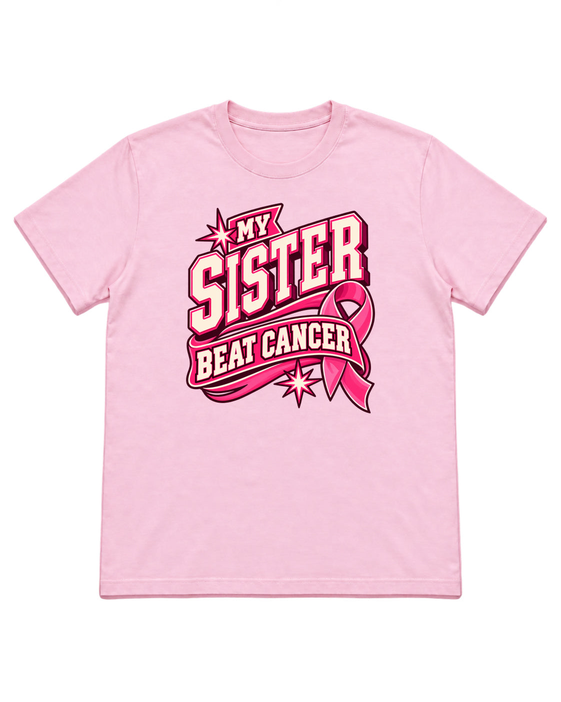My Sister Beat Cancer varsity ribbon design on a Light Pink T-shirt — front mockup