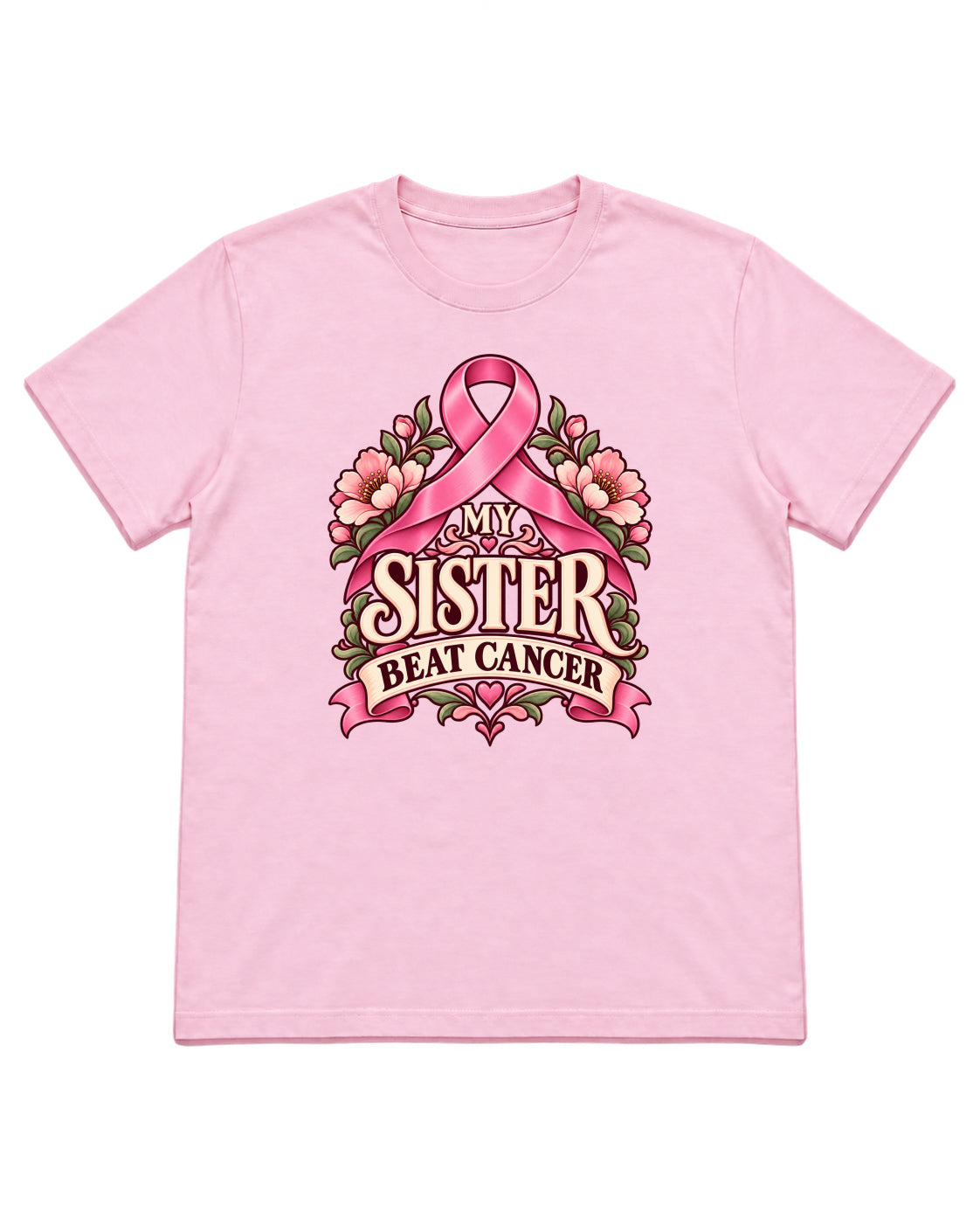 My Sister Beat Cancer floral ribbon design on a Light Pink T-shirt — front mockup