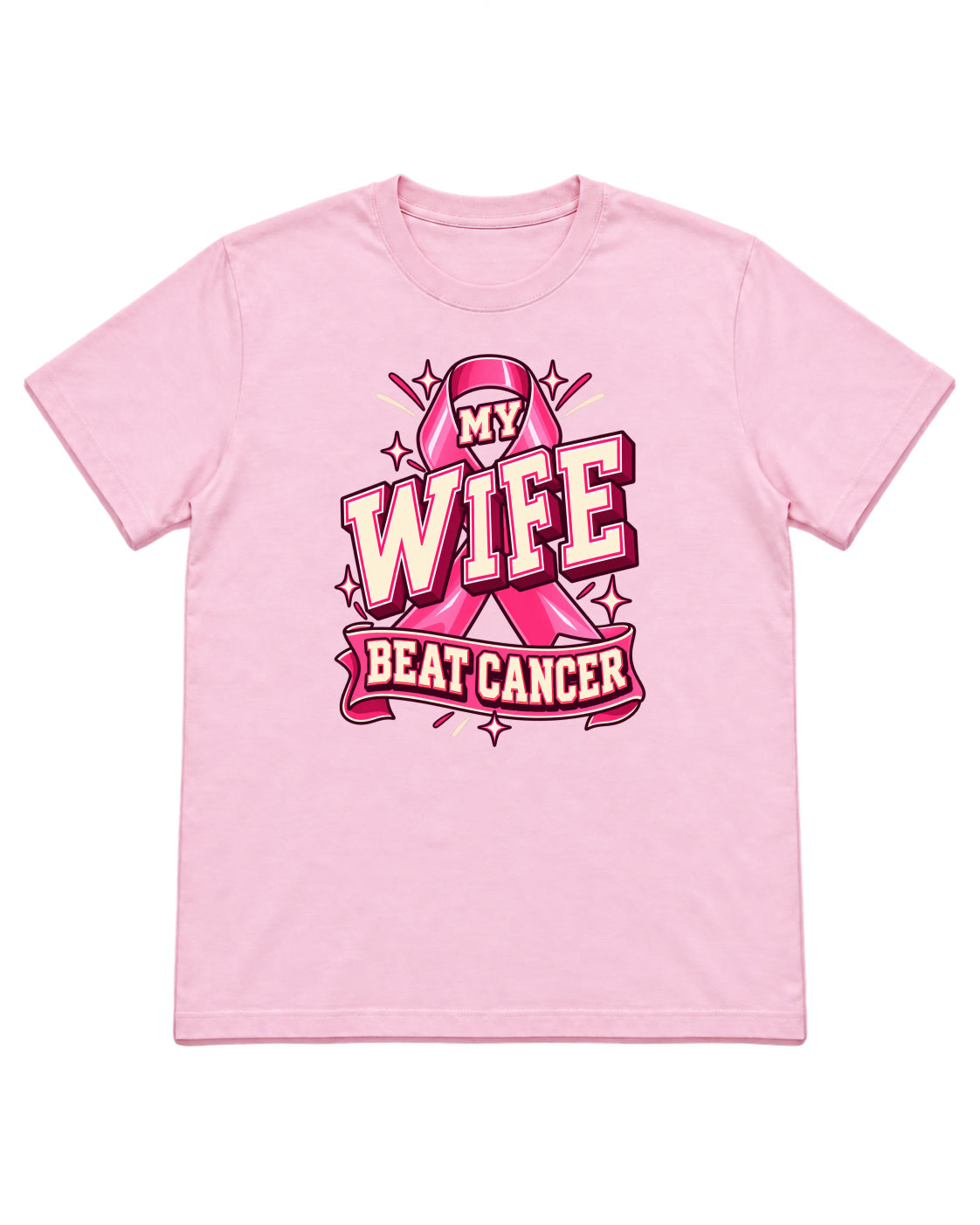My Wife Beat Cancer varsity ribbon design on a Light Pink T-shirt — front mockup