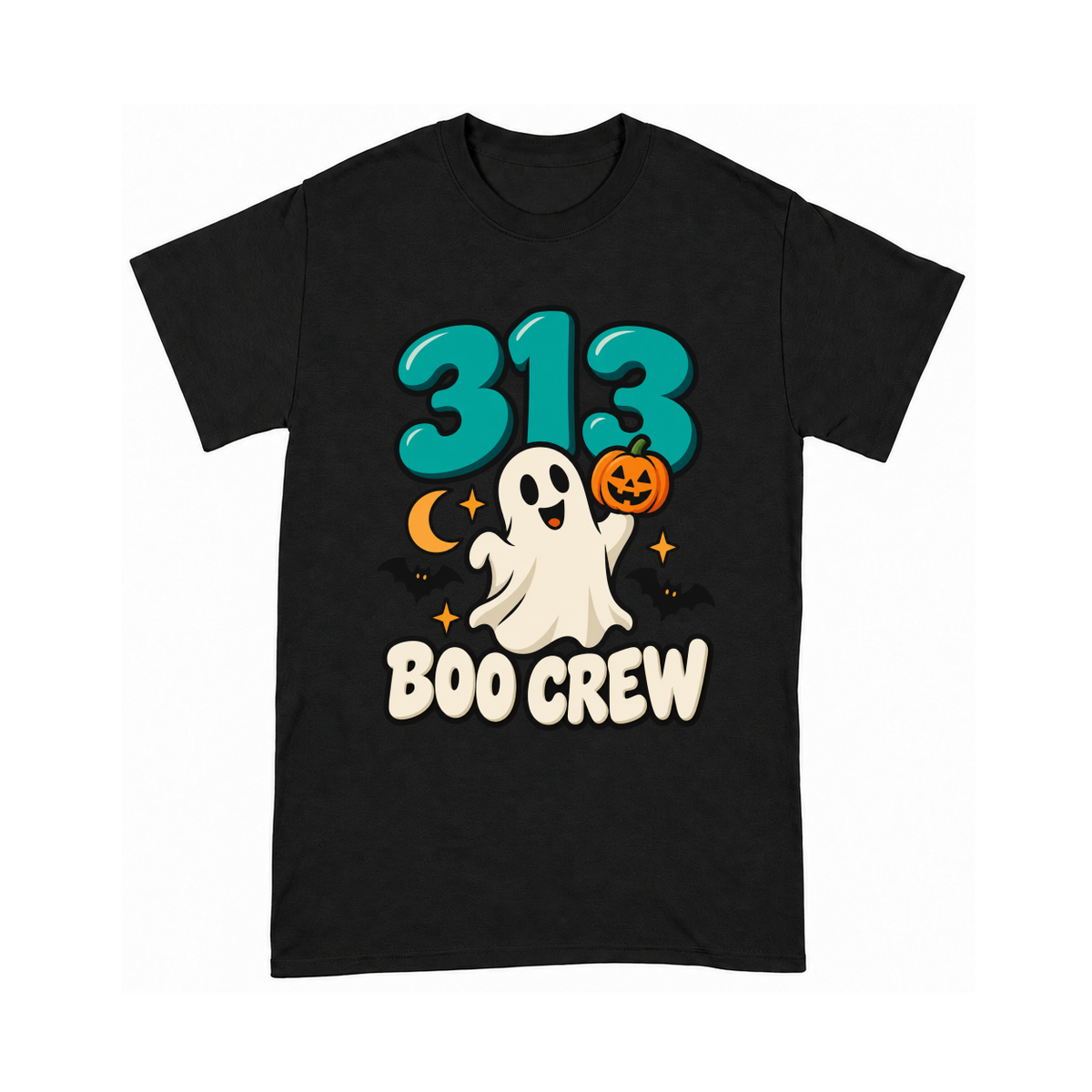Digital mockup of 313 Boo Crew on a Black finished graphic shirt