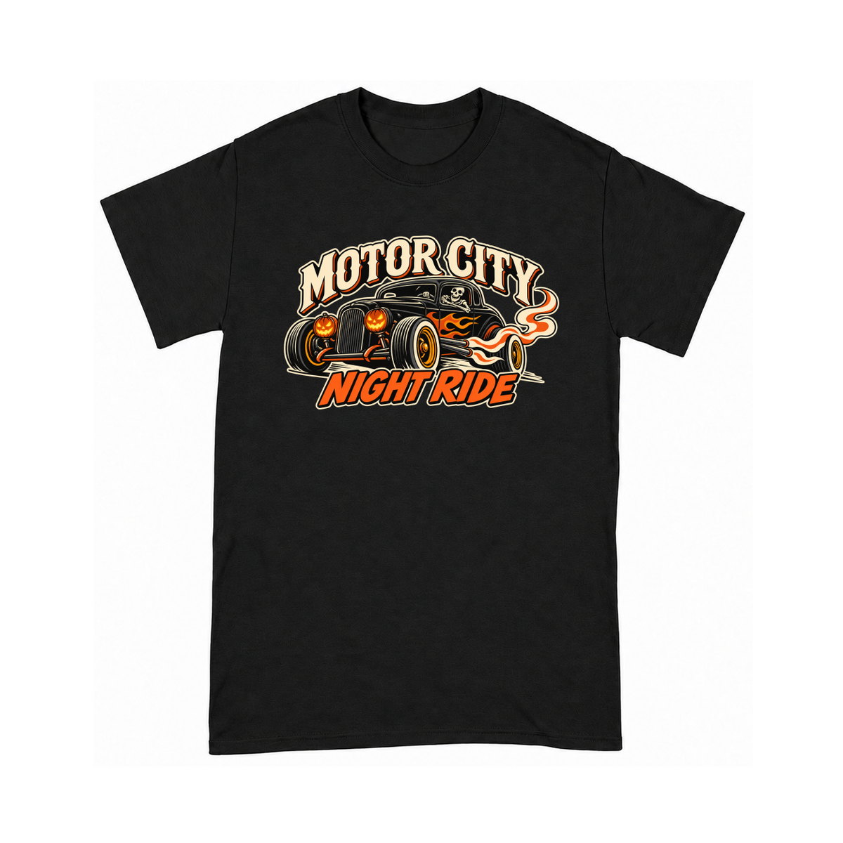 Digital mockup of Motor City Night Ride on a Black finished graphic shirt