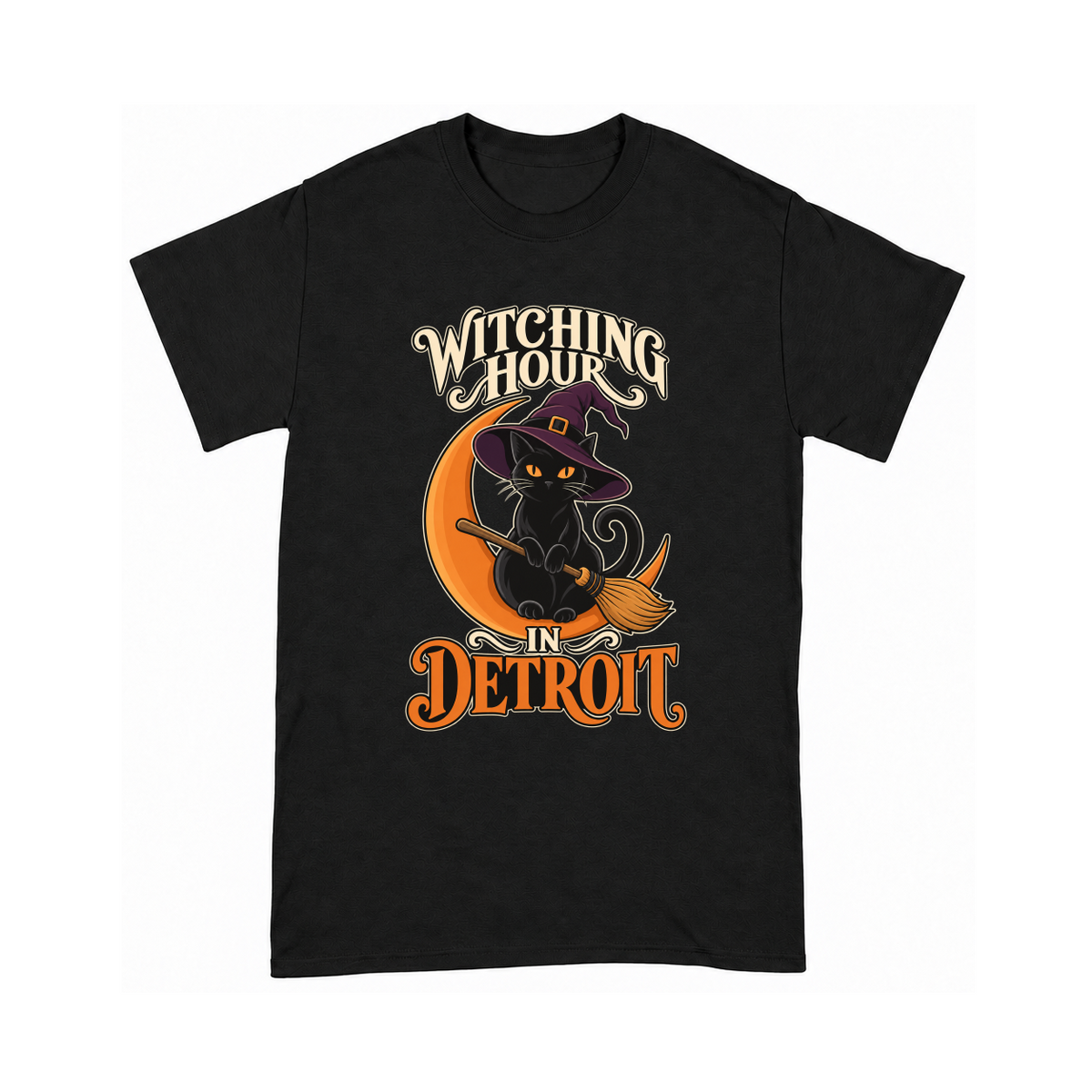 Digital mockup of Witching Hour In Detroit on a Black finished graphic shirt