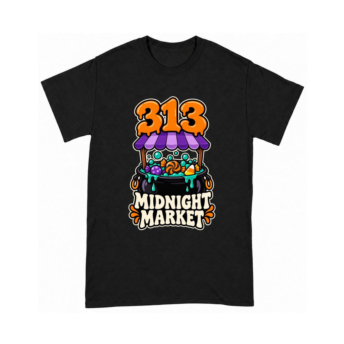 Digital mockup of 313 Midnight Market on a Black finished graphic shirt