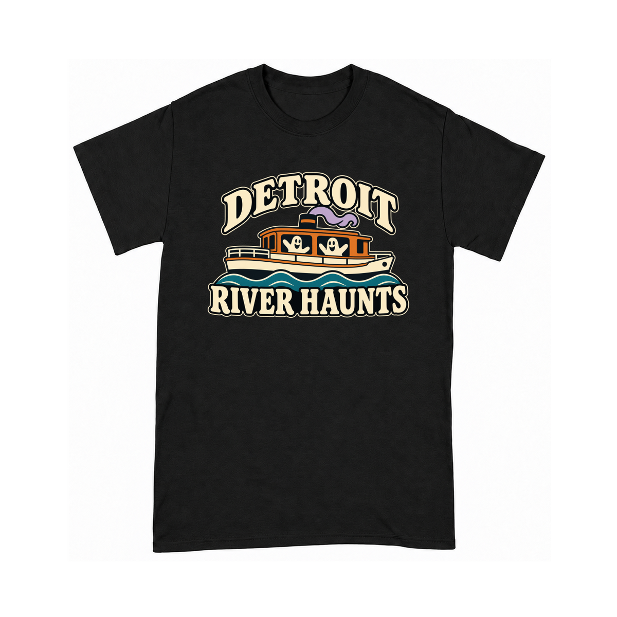 Digital mockup of Detroit River Haunts on a Black finished graphic shirt