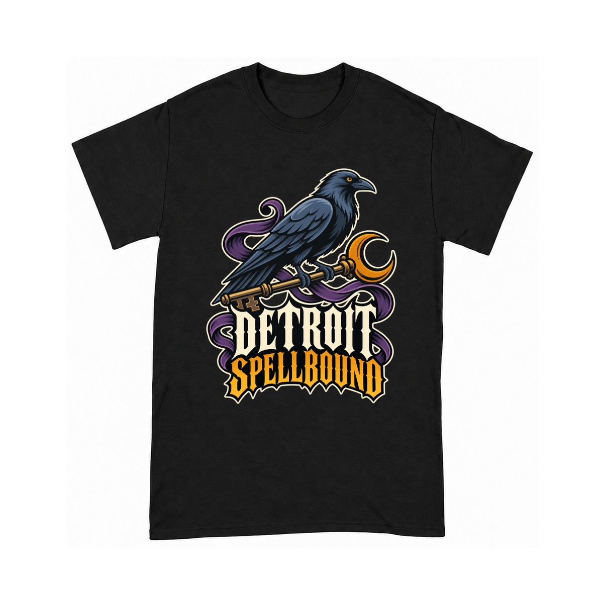 Digital mockup of Detroit Spellbound on a Black finished graphic shirt
