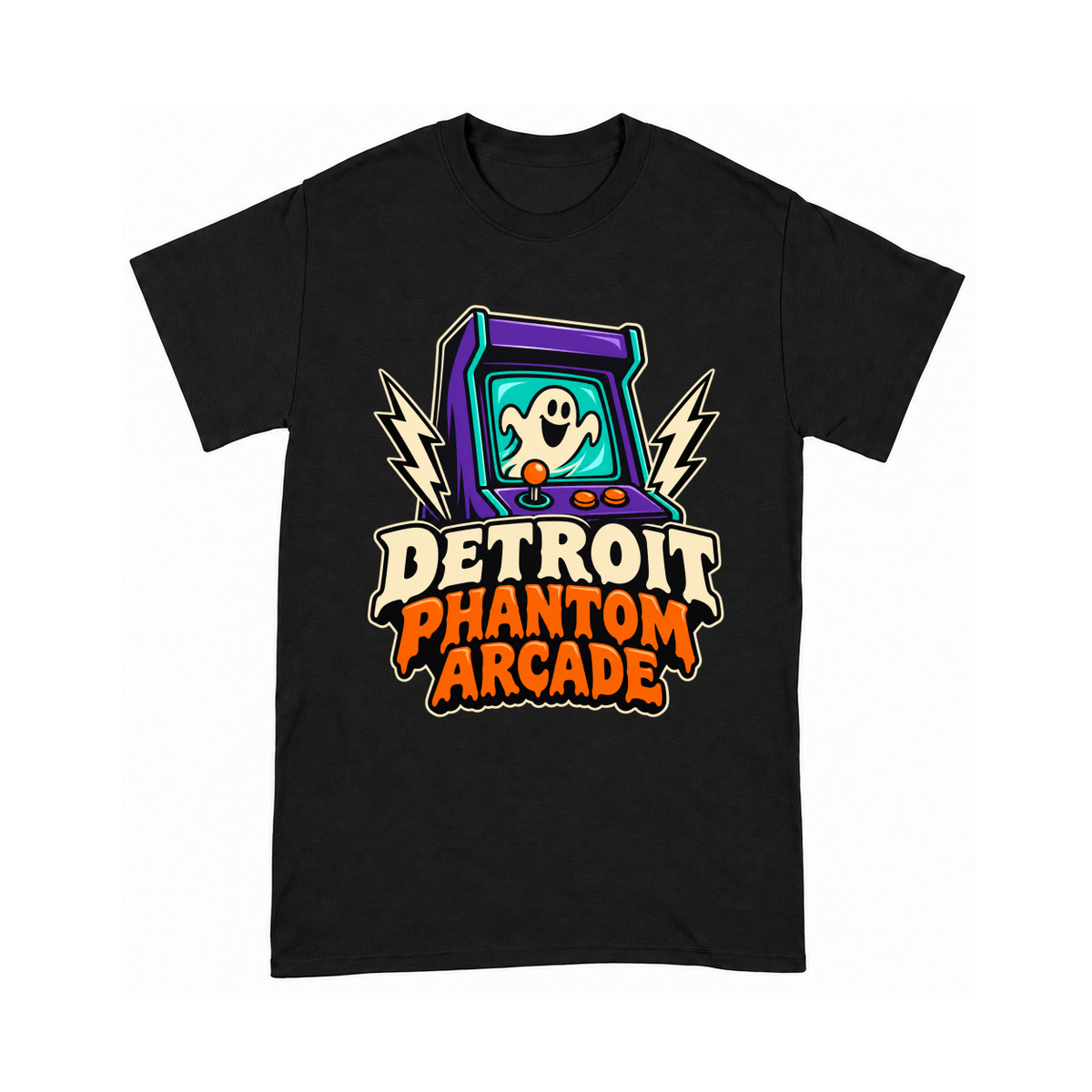 Digital mockup of Detroit Phantom Arcade on a Black finished graphic shirt