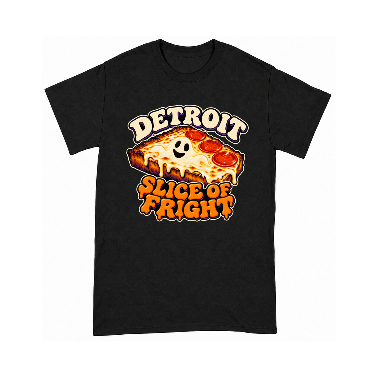 Digital mockup of Detroit Slice of Fright on a Black finished graphic shirt