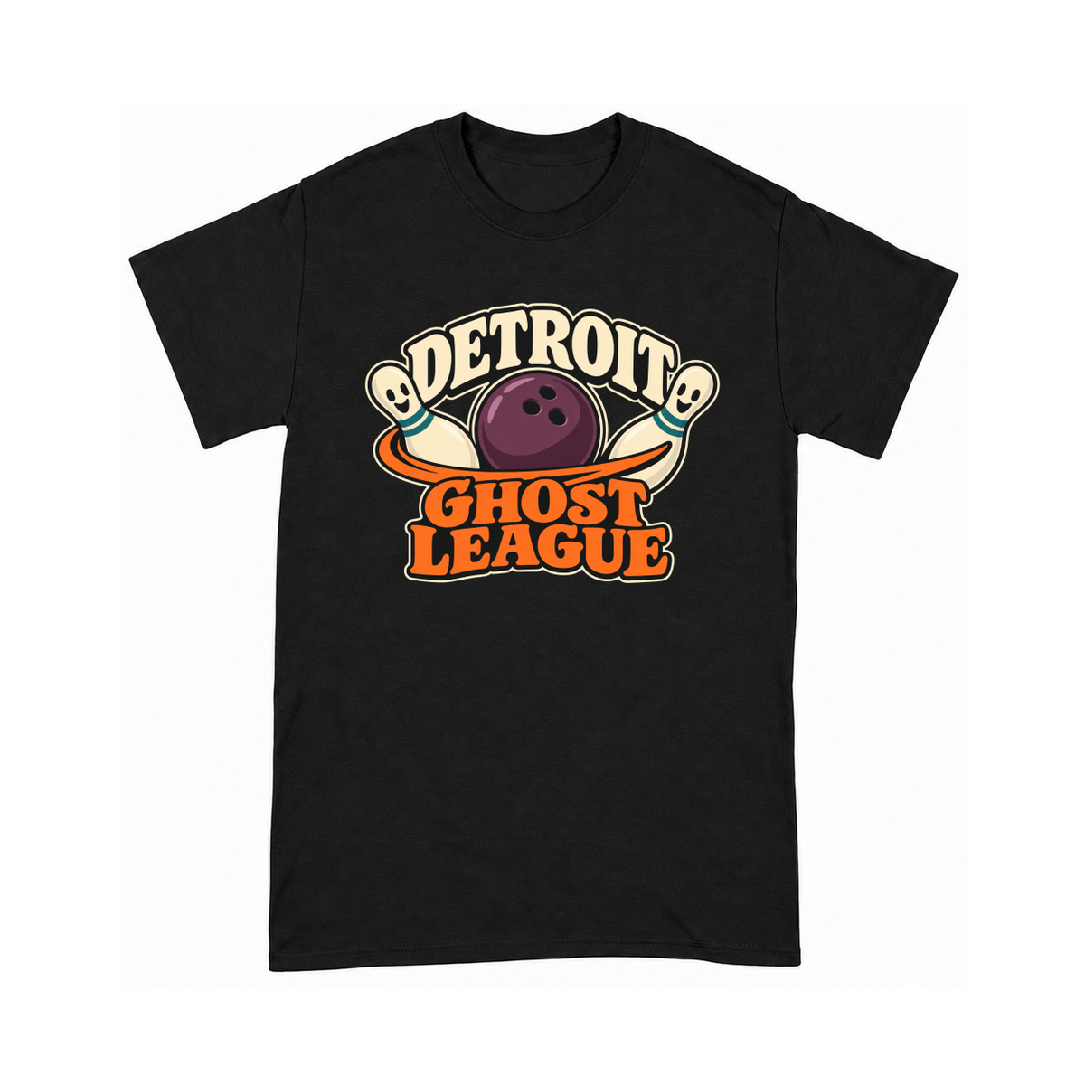 Digital mockup of Detroit Ghost League on a Black finished graphic shirt