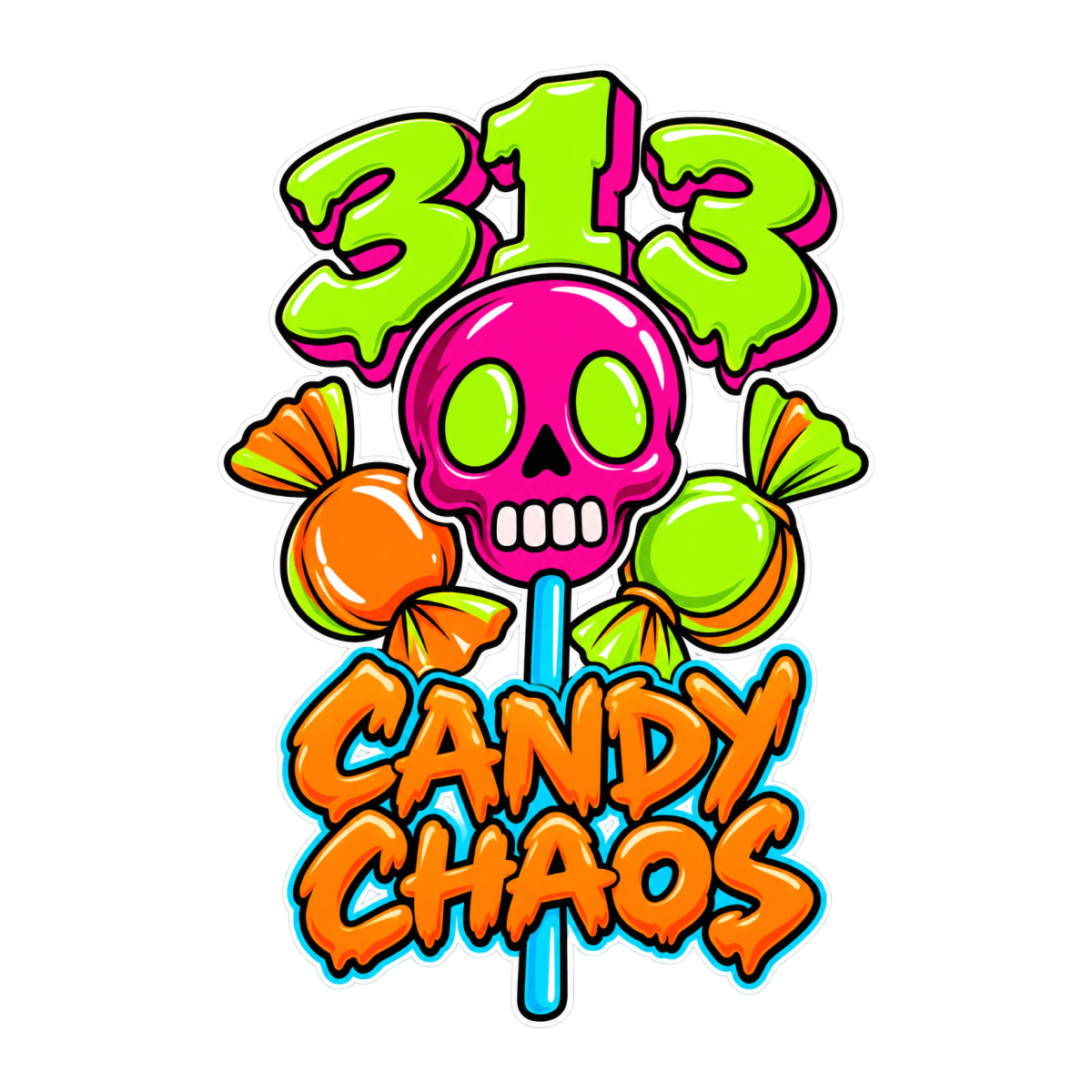 313 Candy Chaos physical DTF transfer artwork preview; shirt not included