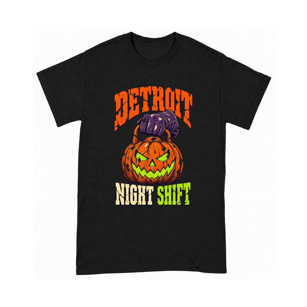 Digital mockup of Detroit Night Shift on a Black finished graphic shirt