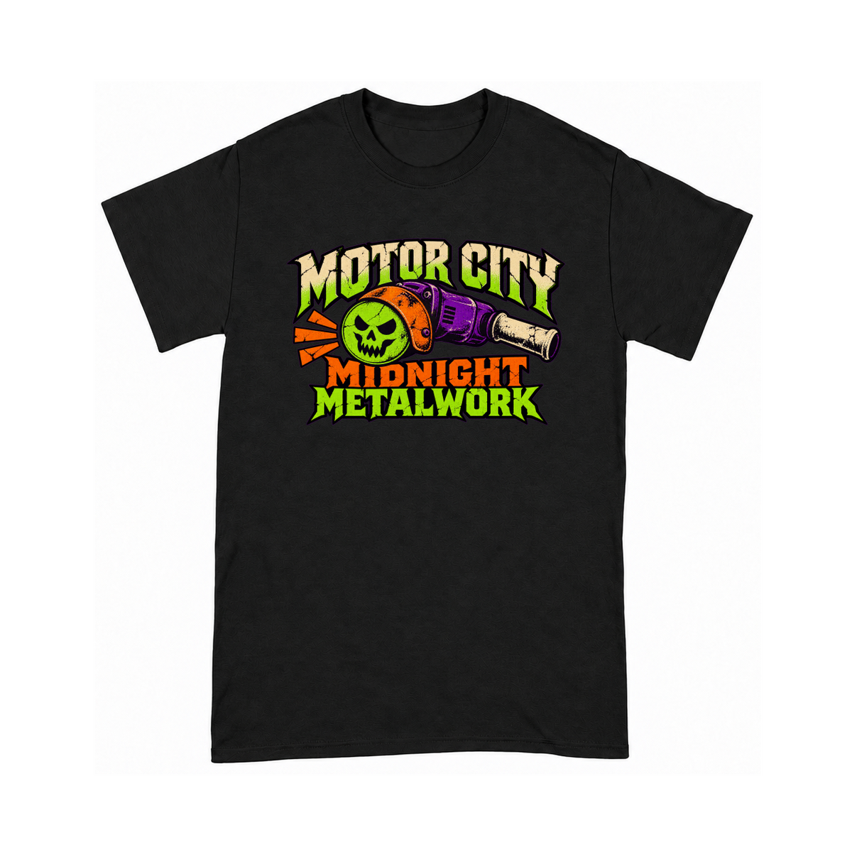 Digital mockup of Motor City Midnight Metalwork on a Black finished graphic shirt