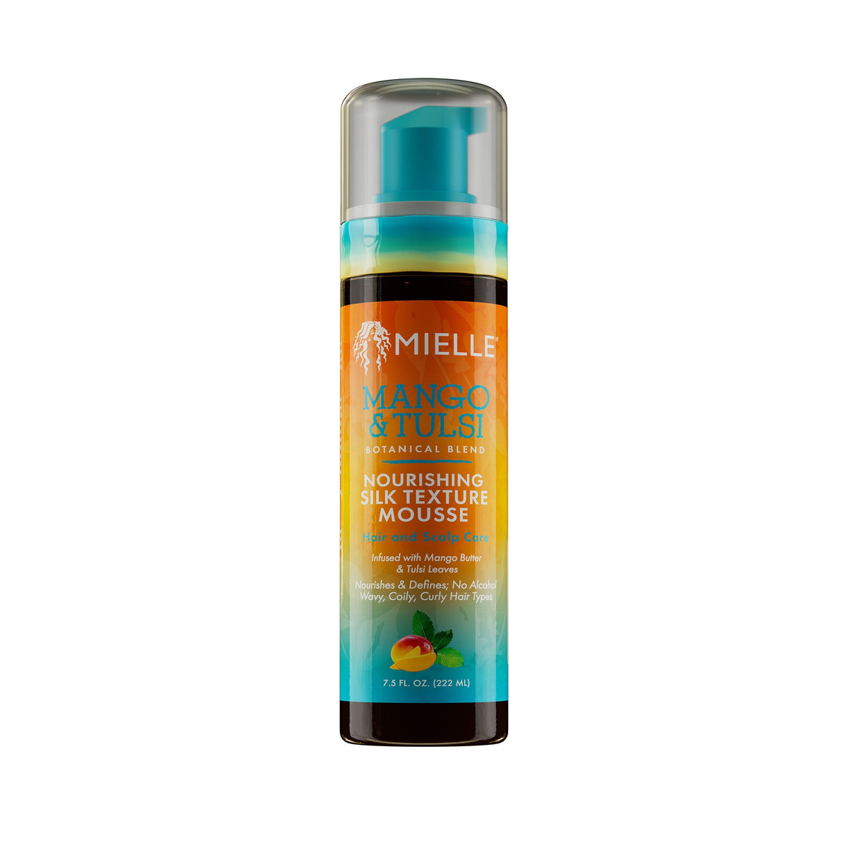 Mielle Mango and Tulsi Nourishing Silk Texture Mousse 7.5 fl oz pump bottle on white background
