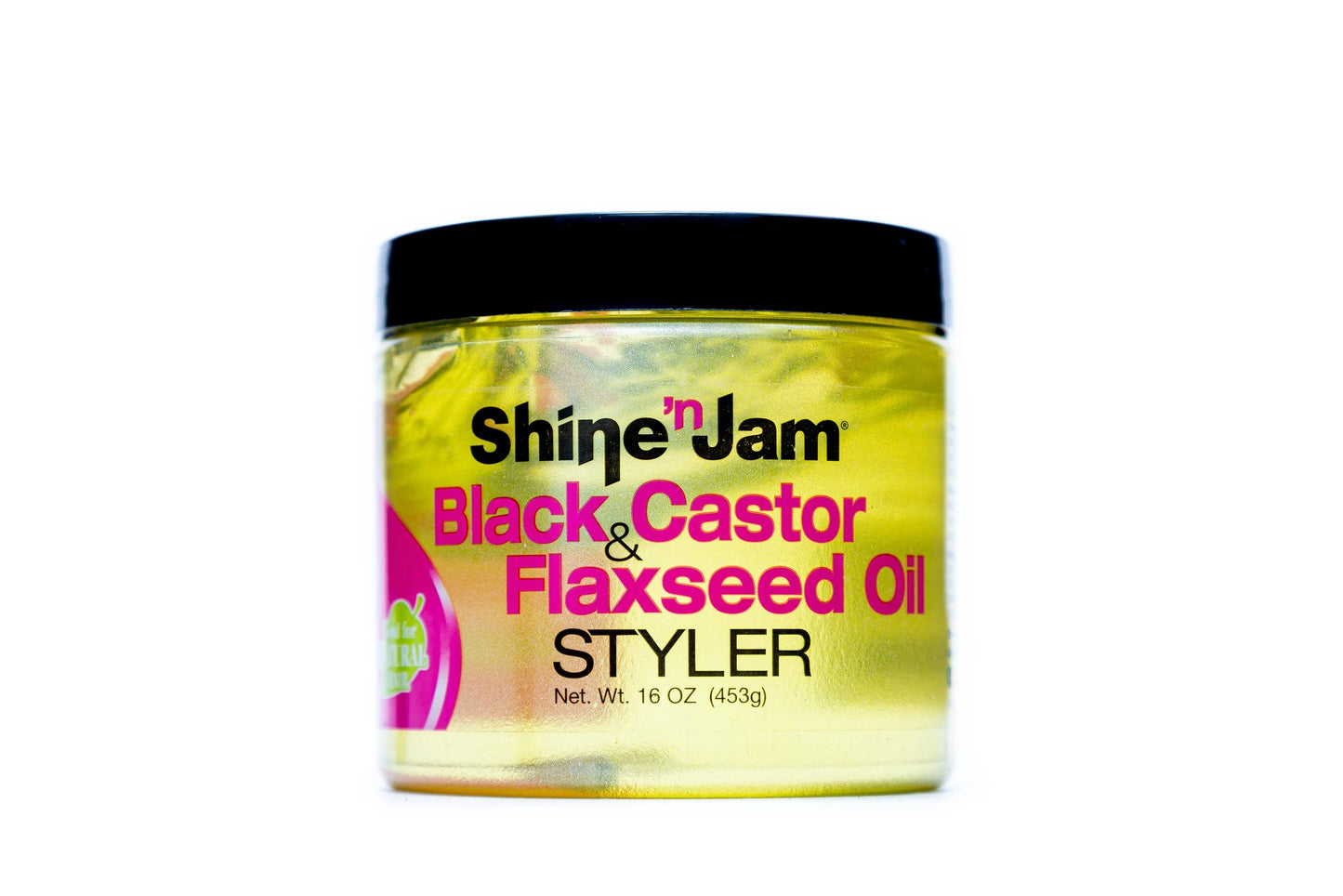 Shine 'n Jam Black Castor and Flaxseed Oil Styler 16 oz jar on white background