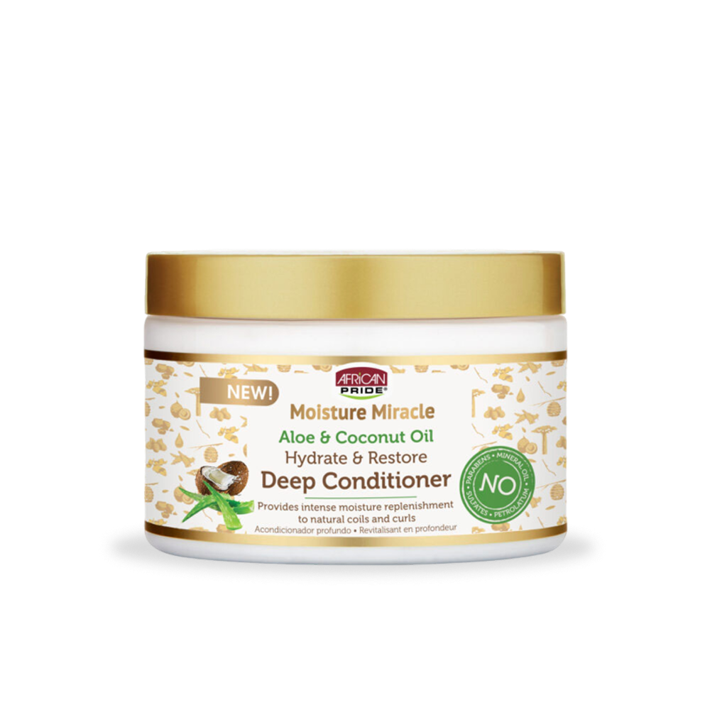 African Pride Moisture Miracle Aloe and Coconut Oil Deep Conditioner 12 oz jar on white background