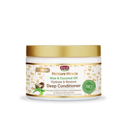 African Pride Moisture Miracle Aloe and Coconut Oil Deep Conditioner 12 oz jar on white background
