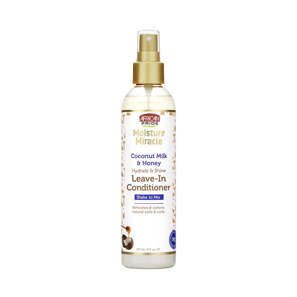 African Pride Moisture Miracle Coconut Milk and Honey Leave-In Conditioner 8 oz spray bottle on white background