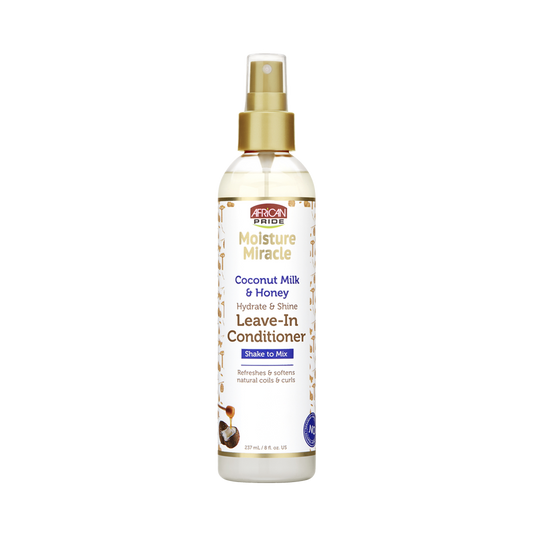 African Pride Moisture Miracle Coconut Milk and Honey Leave-In Conditioner 8 oz spray bottle on white background