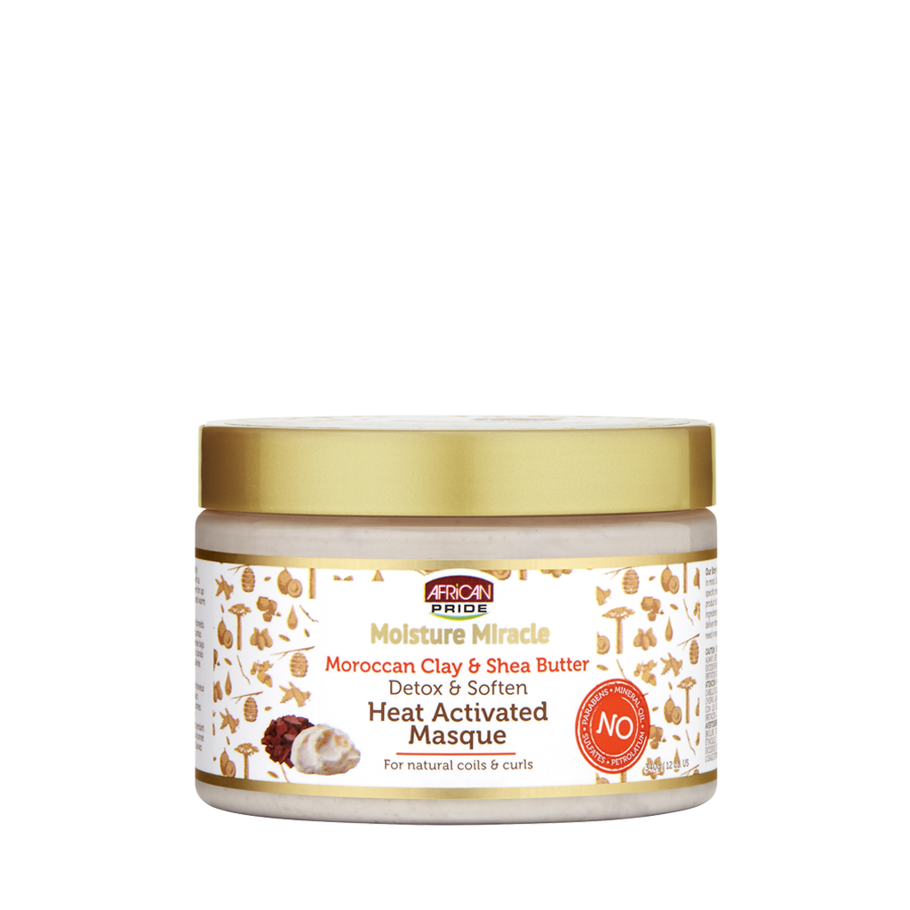 African Pride Moisture Miracle Moroccan Clay and Shea Butter Heat Activated Masque 12 oz jar on white background