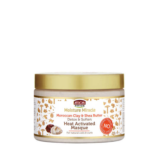 African Pride Moisture Miracle Moroccan Clay and Shea Butter Heat Activated Masque 12 oz jar on white background