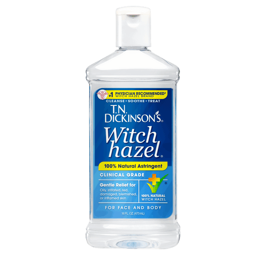 T.N. Dickinson's 100% Natural Witch Hazel Astringent 16 fl oz bottle on white background