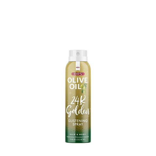 ORS Olive Oil Style and Shine 24K Golden Glistening Spray for Hair and Body 5 oz can on white background
