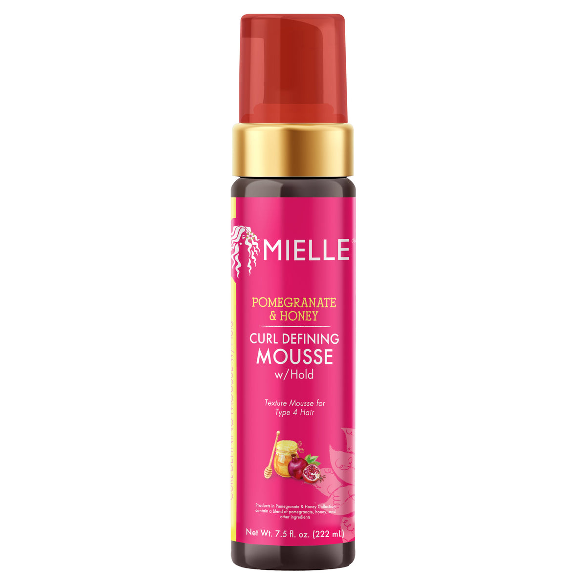 Mielle Pomegranate and Honey Curl Defining Mousse with Hold 7.5 fl oz pump bottle on white background