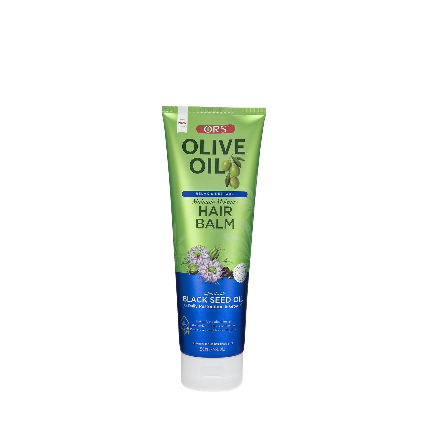 ORS Olive Oil Relax and Restore Hair Balm 8.5 oz tube on white background