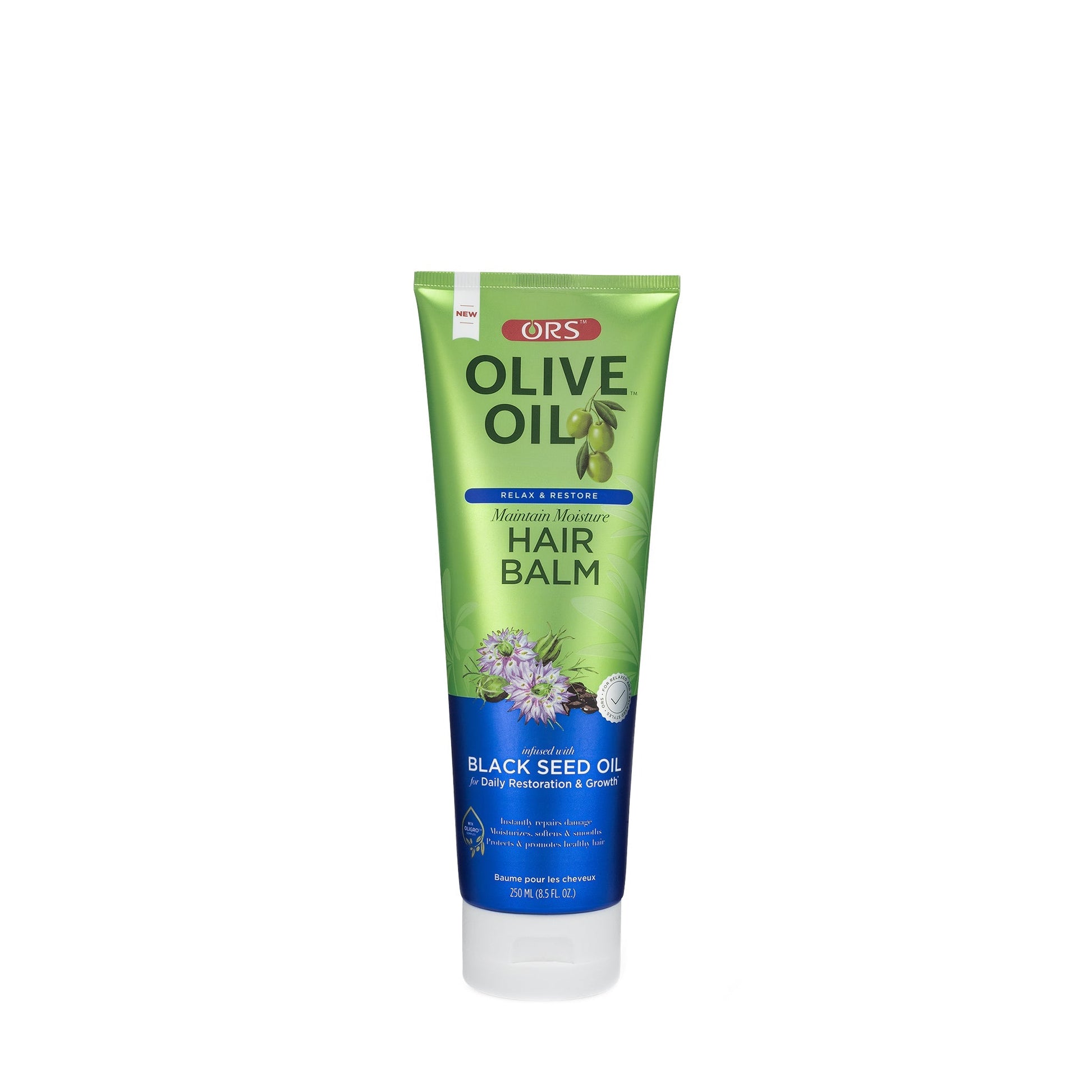 ORS Olive Oil Relax and Restore Hair Balm 8.5 oz tube on white background