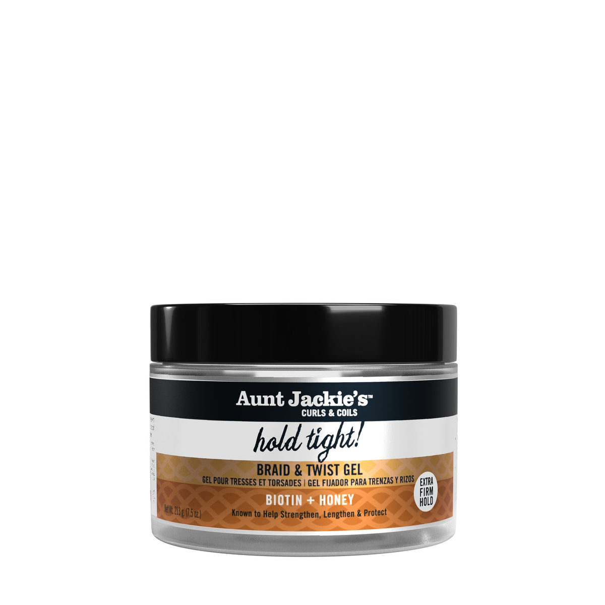 Aunt Jackie's Hold Tight Braid and Twist Gel with Extra Firm Hold 7.5 oz jar on white background