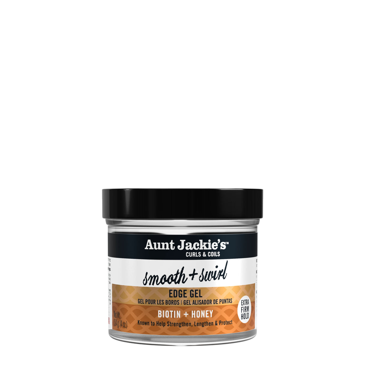 Aunt Jackie's Smooth and Swirl Edge Gel with Extra Firm Hold 4 oz jar on white background