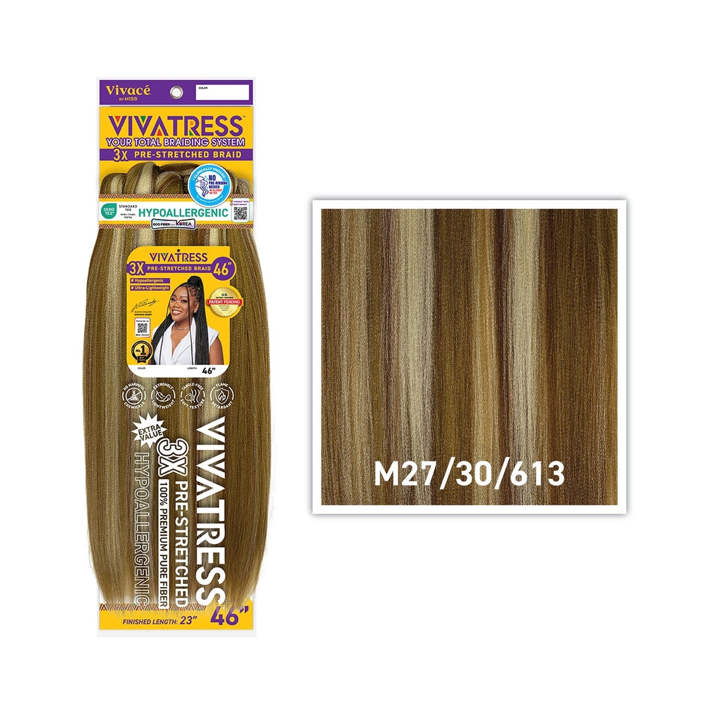 VIVATRESS 3X Pre-Stretched Braiding Hair – 46″ & 56″ – 46″, M27/30/613 - Honey Blonde / Chestnut Brown / Light Blonde Mix