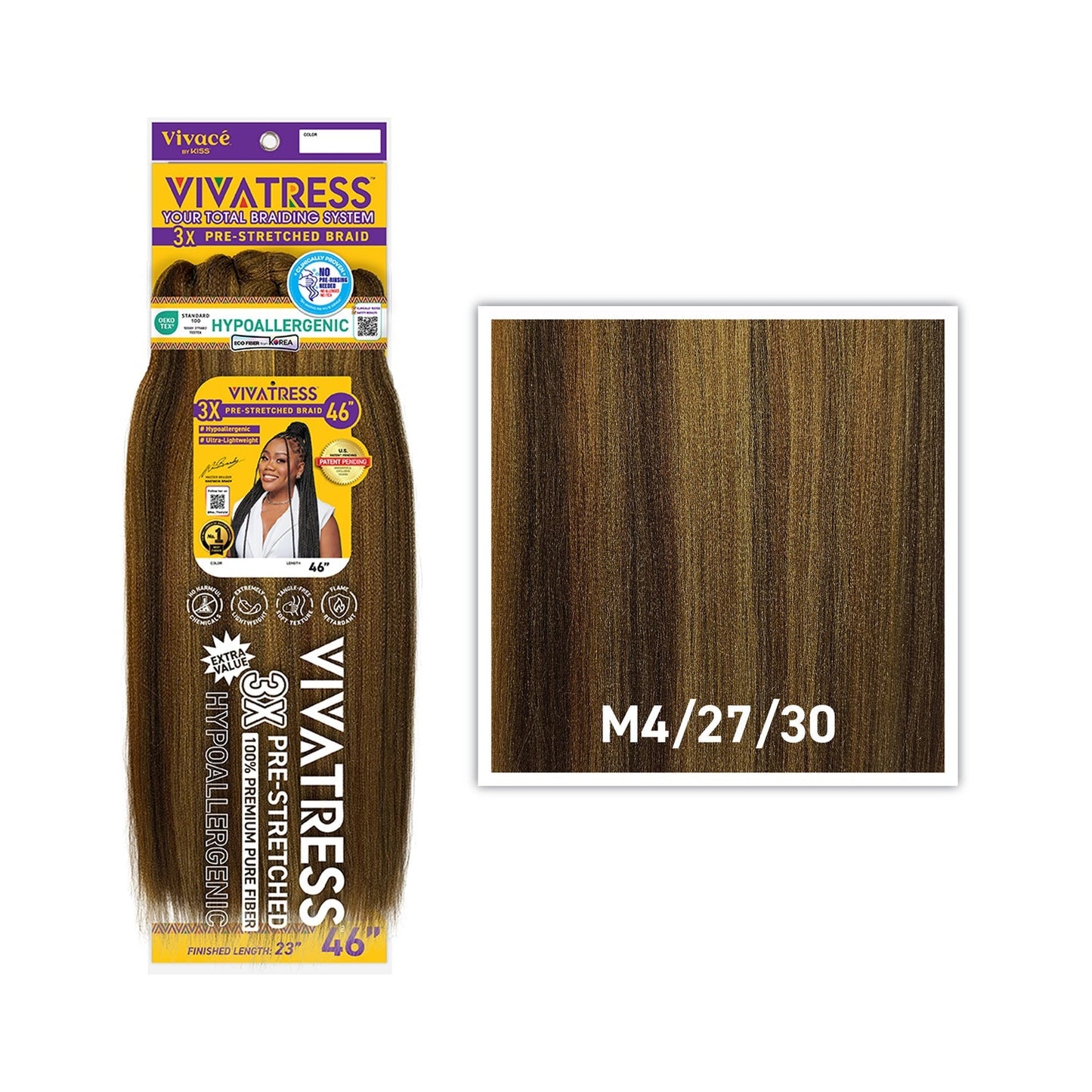 VIVATRESS 3X Pre-Stretched Braiding Hair – 46″ & 56″ – 46″, M4/27/30 - Medium Brown / Honey Blonde / Chestnut Brown Mix