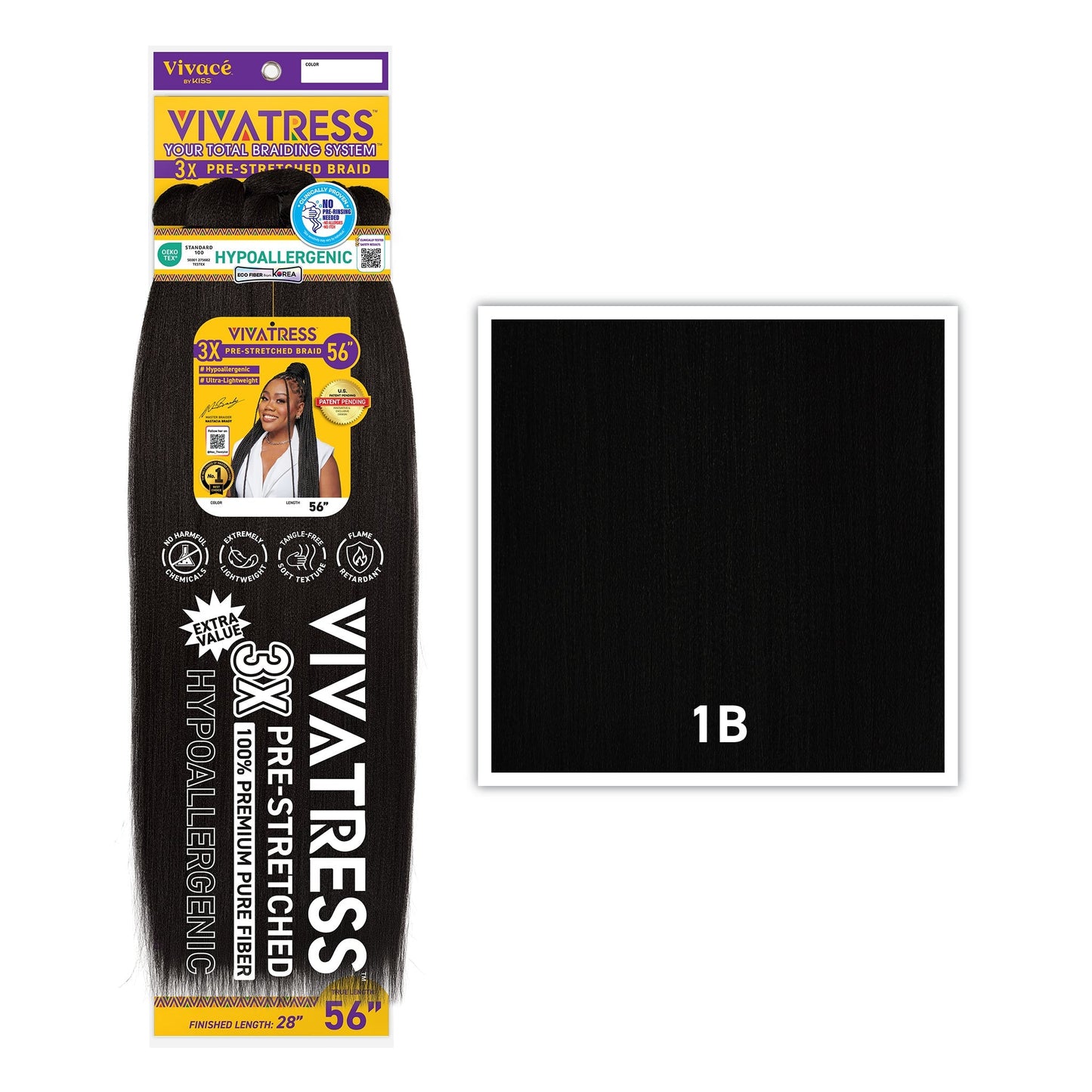 VIVATRESS 3X Pre-Stretched Braiding Hair – 46″ & 56″ – 56″, 1B - Off Black
