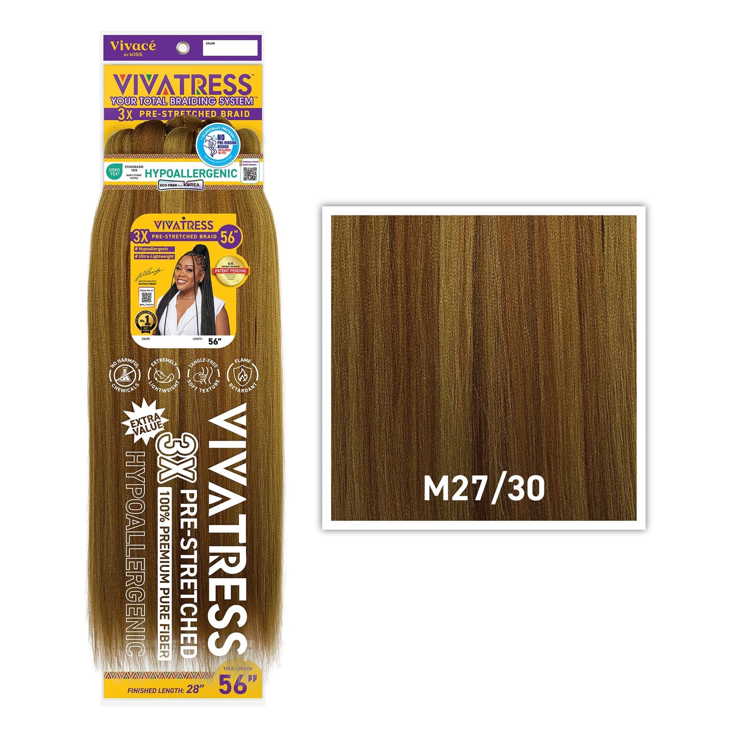 VIVATRESS 3X Pre-Stretched Braiding Hair – 46″ & 56″ – 56″, M27/30 - Honey Blonde / Chestnut Brown Mix