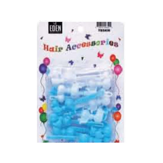 Eden Bow Tie Ribbon Hair Barrettes – 12 Pack — Sky Blue & White