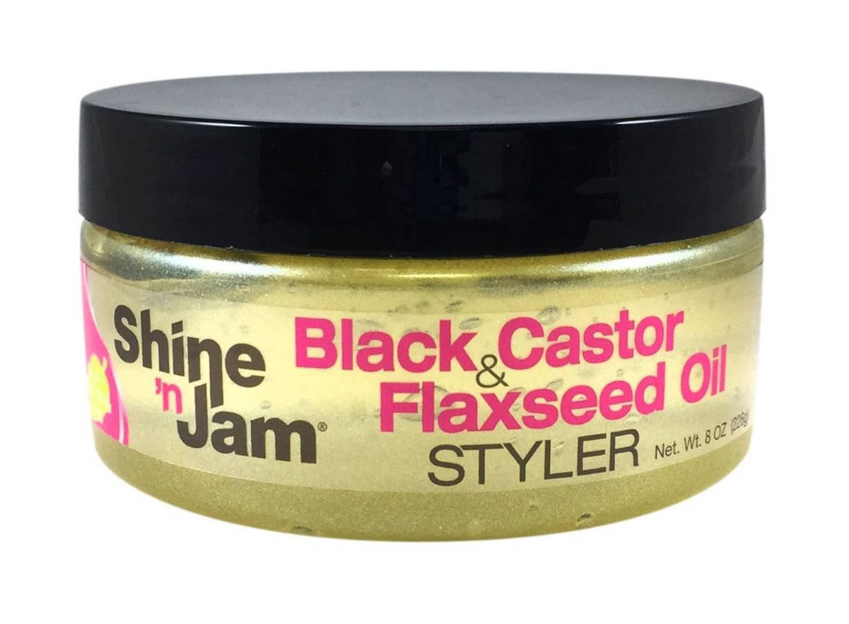 Shine 'n Jam Black Castor and Flaxseed Oil Styler 8 oz jar on white background