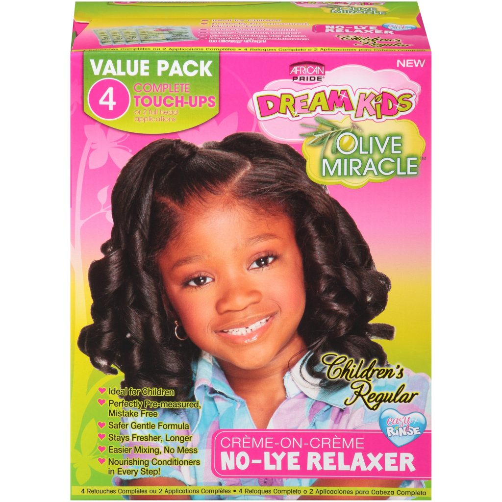 African Pride Dream Kids Olive Miracle Regular No-Lye Relaxer value pack with 4 Touch-Ups on white background