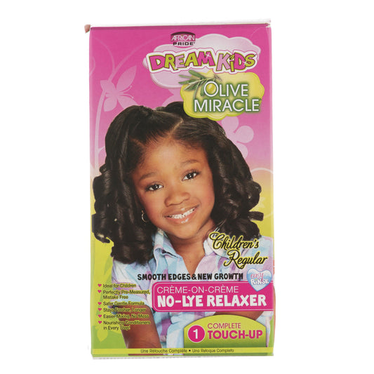 African Pride Dream Kids Olive Miracle Regular No-Lye Relaxer complete 1 Touch-Up kit on white background