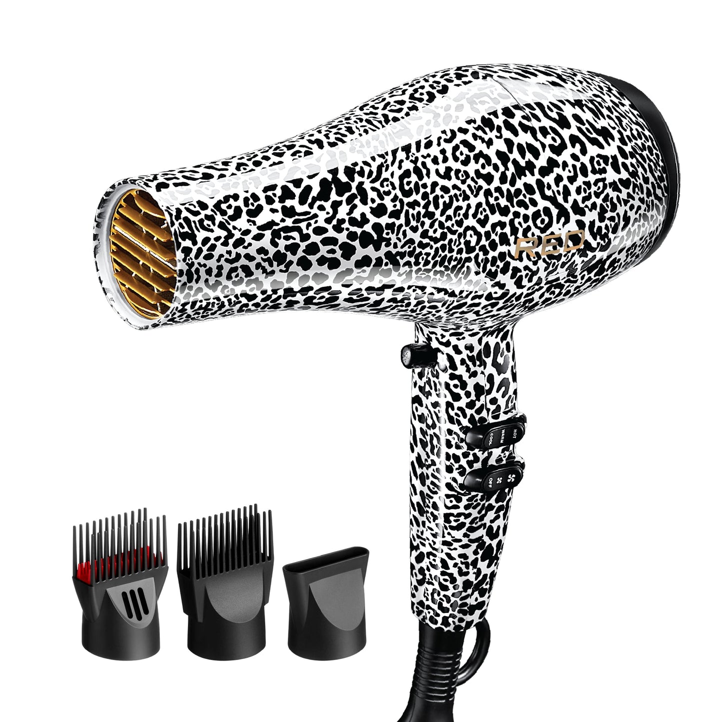RED by KISS Designer Series 3200 Detangler Hair Dryer – Leopard – one unit with included attachments